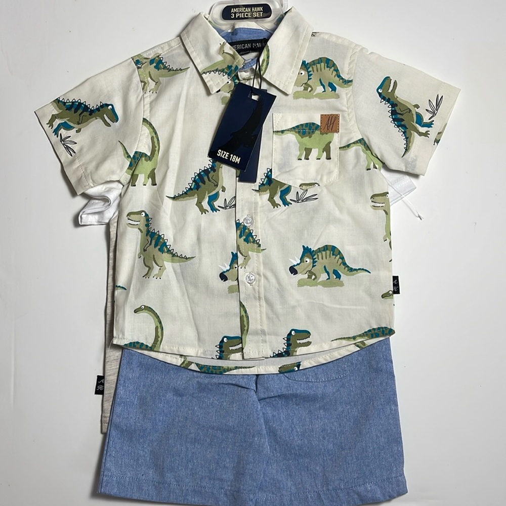 3 pc boys set. Woven shirt, jersey tee, chambray short. NWT